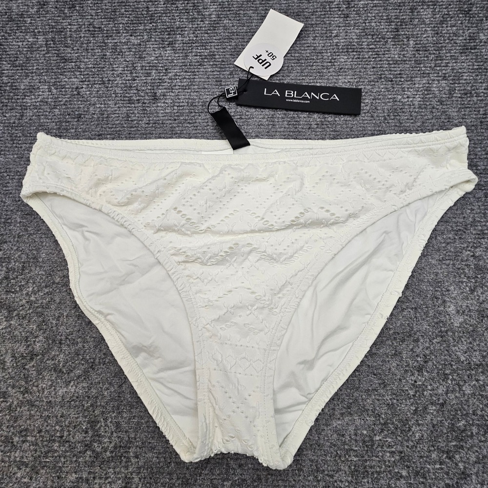 La Blanca Bikini Bottom Womens 12 White Textured Eyelet UPF 50+ Swimwear NEW